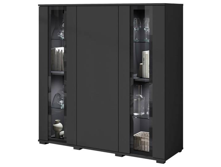 P & B Highboard Caro, Schwarz, Glas, 8 Fächer, kaltweiß, 120x121.9x39.5 cm, Fsc, stehend, Wohnzimmer, Kommoden & Sideboards, Highboards