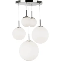 Hängelampe Esstisch Pendelleuchte modern Wohnzimmerlampe silber, Hängeleuchte 5-flammig Design Glas Kugel opal, Metall, 5x E27 Fassung, DxH 50x90 cm