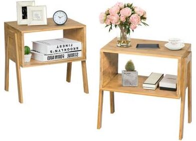Costway 2 Pieces Bamboo Nightstand Sofa Table with Storage Shelf