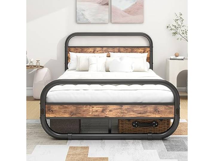 Diahomy Bett 120x200 cm mit Lattenrost aus Metall, Braun Bettgestell 120x200 cm mit Holzkopfteil, Metallbett 120x200, Jugendbett für Schlafzimmer, und Gästezimmer