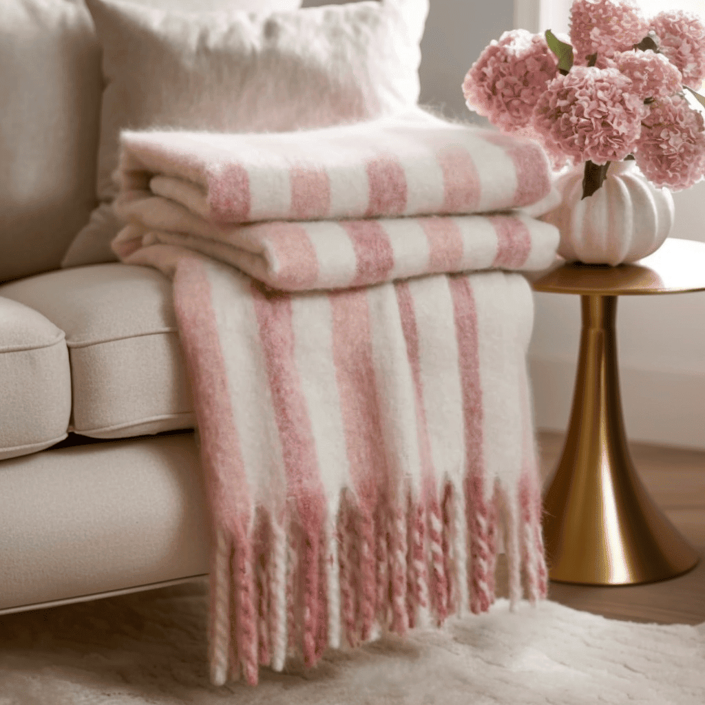 Ottilie Pink & White Striped Tasseled Throw