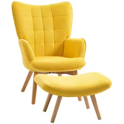 MODFU Ohrensessel Relaxsessel mit Hocker Gelb 72x80x101 cm Cord Optik Polstersessel mit Buchenholzbeinen Stahlrahmen verstellbare Bodenschoner