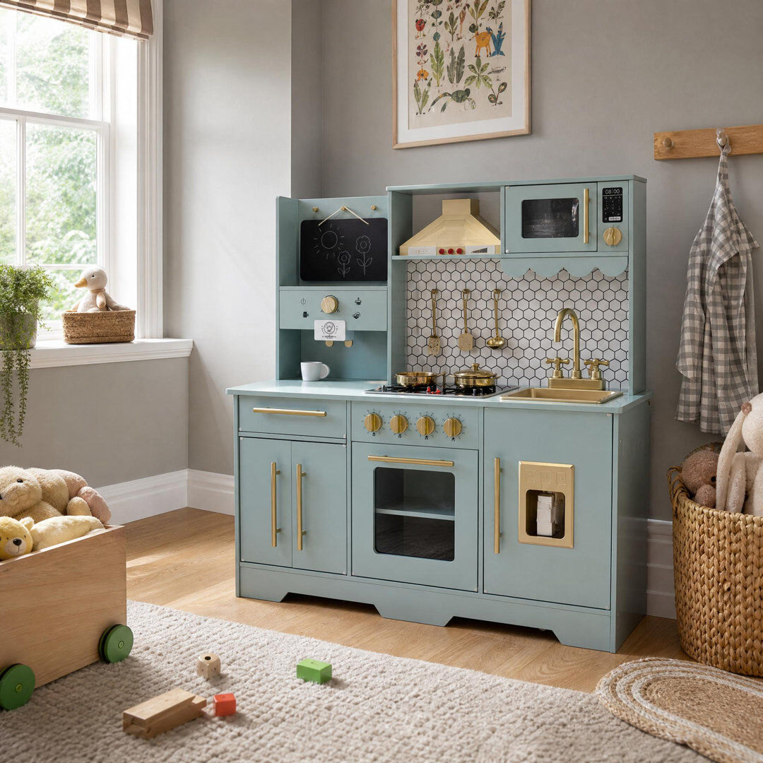 idealhouse Wooden Play Kitchen with Coffee Maker & Utensils, 91cm H Green