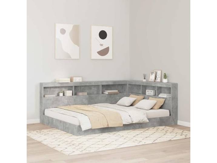 RJPLMFV Kopfteil Beton, Grau, 140 cm, Holz Mit Einlegeböden, integrierter Ladestation, L-Design, moderne Schlafzimmeraufbewahrung