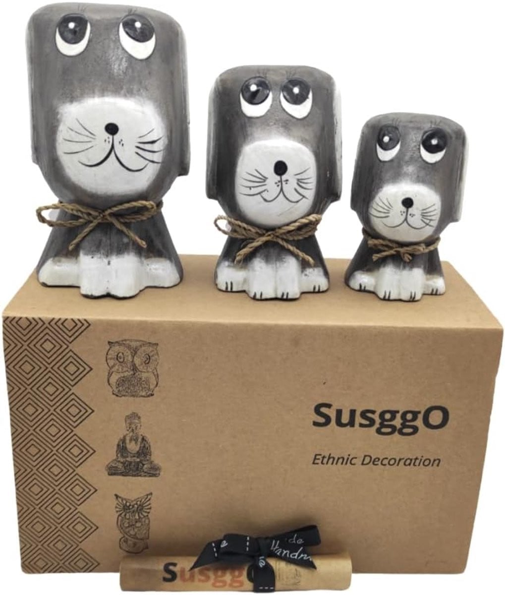 Set van 3 handgesneden houten hondenfiguren voor decoratie