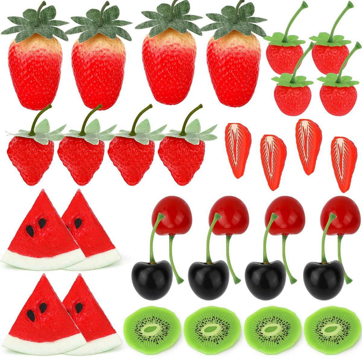 Dailygoods Nep Fruitset 32 Stuks - Kunstmatige Aardbeien, Kersen, Watermeloen en Kiwi-plakjes - Decoratie van Lichtgewicht Kunststof