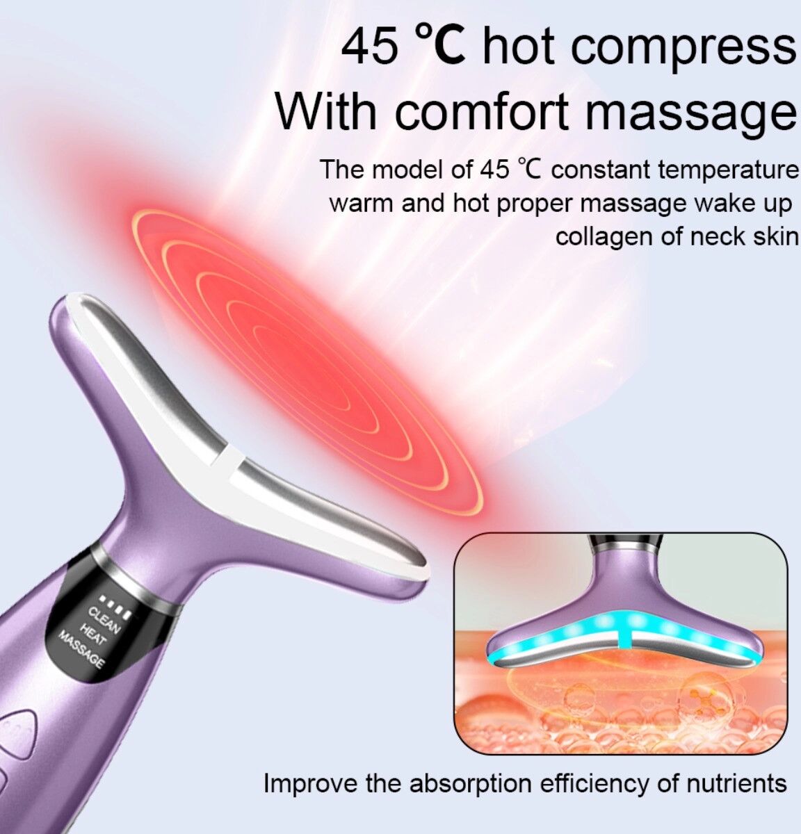 INF Y-förmiges Gesicht- und Hals-Beauty-Gerät mit EMS, 7-farbiger LED, Wärme und Vibrationsmassage Violett