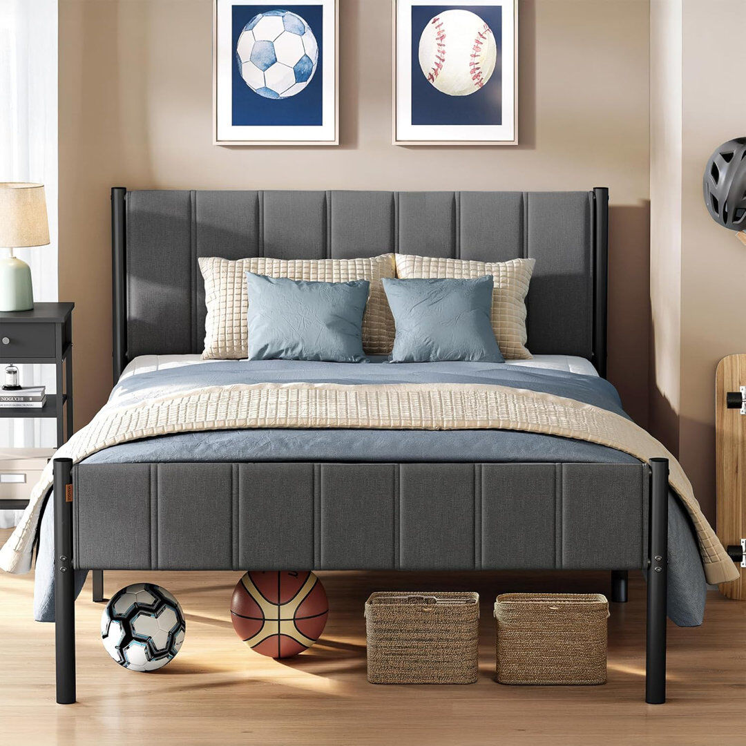 17 Stories Bed Frame, With Upholstered Headboard, Metal Bed Frame, 500 Kg Weight Capacity, Easy Assembly, Slate Grey European Double (136.8 x 196.7 cm)