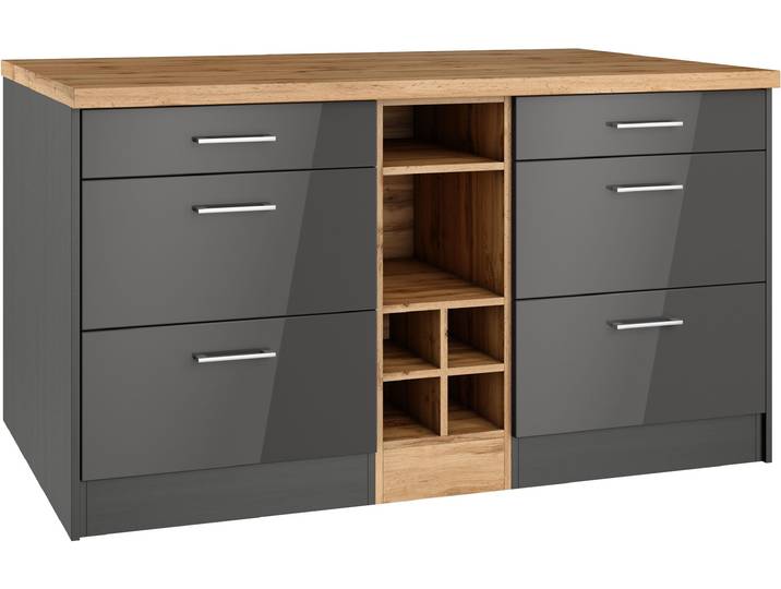 Kücheninsel KOCHSTATION KS-Milan , grau (küche: grau, front: grau hochglanz, korpus: grafitgrau, arbeitsplatte: wotaneiche), B:153cm H:86cm T:100cm, Komplettküchen-Sets, Stellmaß 153/100 cm, viel Stauraum, Lebensmittelpunkt: Küche