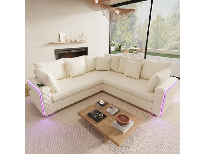 BTM Corduroy L Form Ecksofa mit LED, Kissen & USB‑Ladeanschluss, Modernes Wohnzimmer 5 Sitzer Sofa Couch Beige