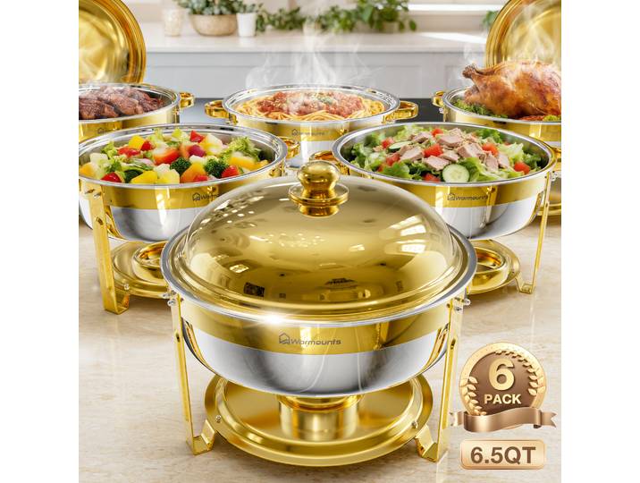 Plats de service ronds de 6,5 QT pour buffet, ensemble de chauffe-plats en acier inoxydable pour mariages et réceptions