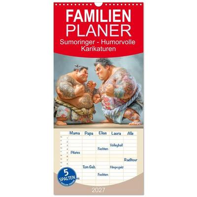 Familienplaner 2027 - Sumoringer - Humorvolle Karikaturen mit 5 Spalten (Wandkalender, 21 x 45 cm) CALVENDO