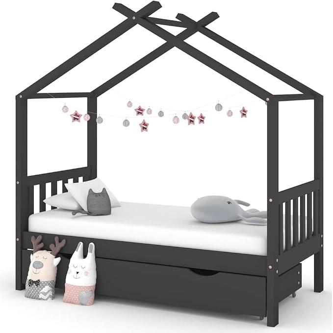 Kinderbett mit Schublade Dunkelgrau Massivholz Kiefer 80x160 cm stabiles Betthaus mit Lattenrost und Stauraum für Kinderzimmer Schlafplatz und Spielhaus