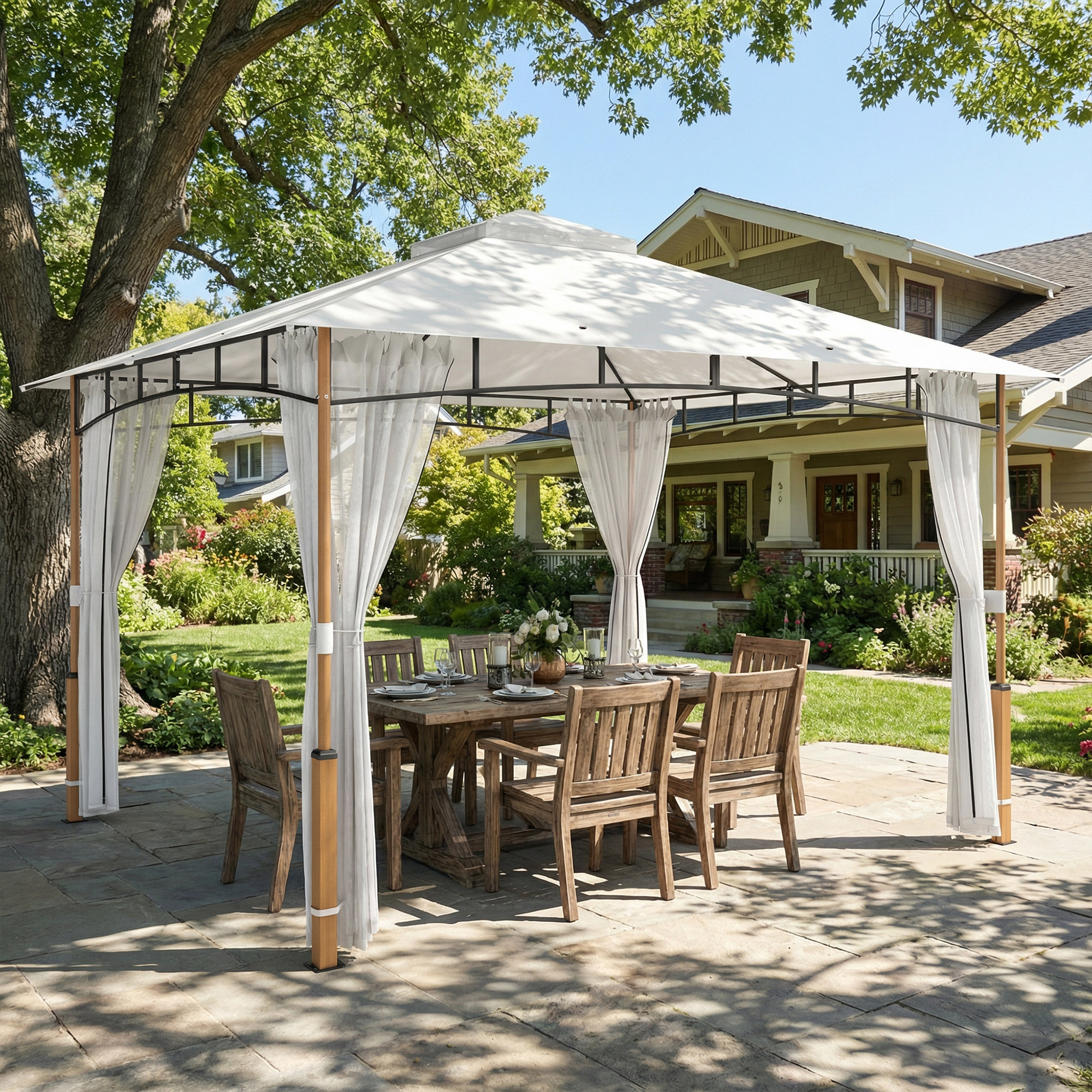 Outsunny Gazebo 3 x 3,6 m, Tetto Doppio UPF50+ con Rete, Crema   Aosom Italy