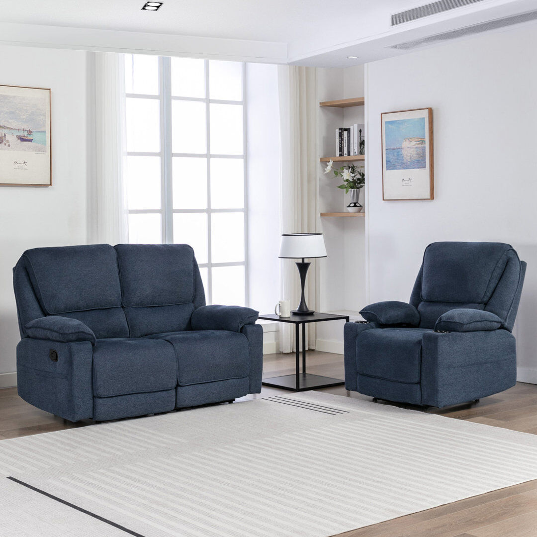 Latitude Run Sydney Latch Recliner 1 and 2 Seater Sofa Set Blue
