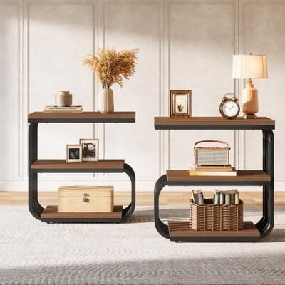 YUZHOU 3-Tier Industrial Nightstand with Curved Metal Frame for Bedroom
