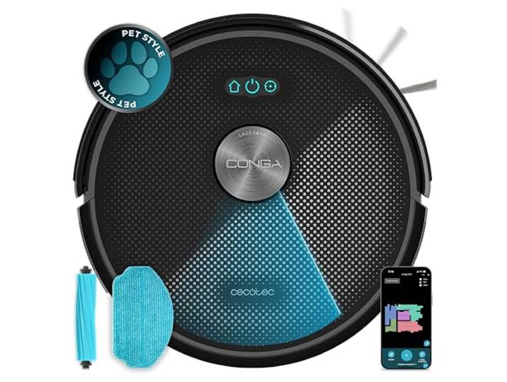 Cecotec Robot Aspirateur et Laveur de Sols Conga M70. Navigation Laser\, 20000Pa de Pression d'Aspiration\, Batterie de 4500 mAh\, Brosse en Silicone Spéciale Animaux\, Couverture jusqu'à 180m²