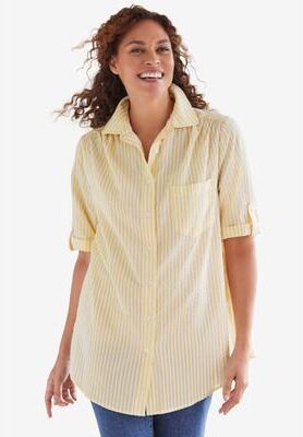 Plus Size Women's Short-Sleeve Button-Down Cotton Seersucker Shirt by Woman Within in Primrose Yellow Pop Stripe (Size 4X) Button Down Seersucker Shi