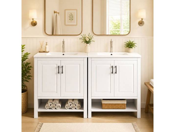 Meuble sous vasque: Lavabo indépendant Armoire double porte Évier en céramique intégré Blanc Entièrement laqué