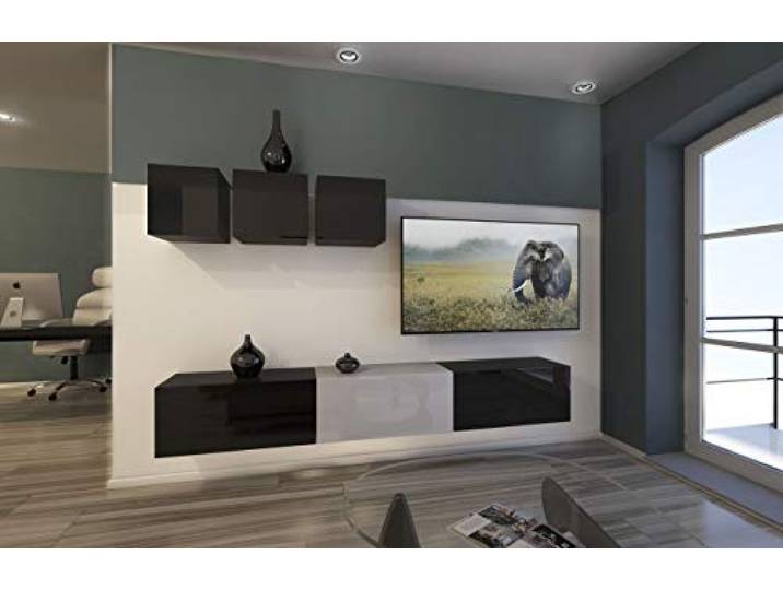 Furnitech Wohnwand Wohnzimmer Hängend Wohnwand Modern Wohnzimmer Schrankwand mit Regale und TV Schrank Wohnzimmer Möbel ohne LED (AN13-18BW-HG4 1A)