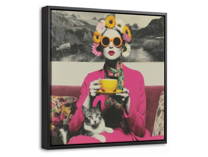 LEINWAND Bilder mit Rahmen - Frau - Katze - Blumen - Tasse - Retro - 20x20
