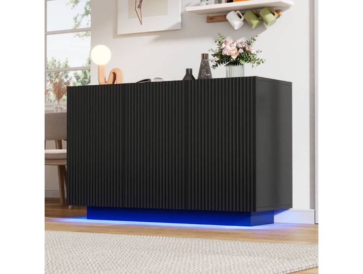 Buffet avec Lumières LED armoire de rangement 3 Portes Finition Marbre Buffet Salle à Manger pour Entrée Salon Noir 120x40x75cm