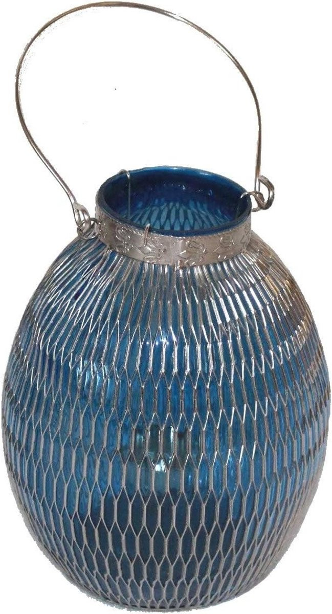 Oriëntaalse tafel lantaarn van glas en nikkelkleurig metaal met blauw lamellenpatroon, H 22 cm x B 16 cm