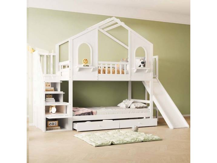 Lit superposé enfant 90x200 cm - YEHTOKHOME - Design maison - Échelle de rangement - Toboggan - Tiroirs