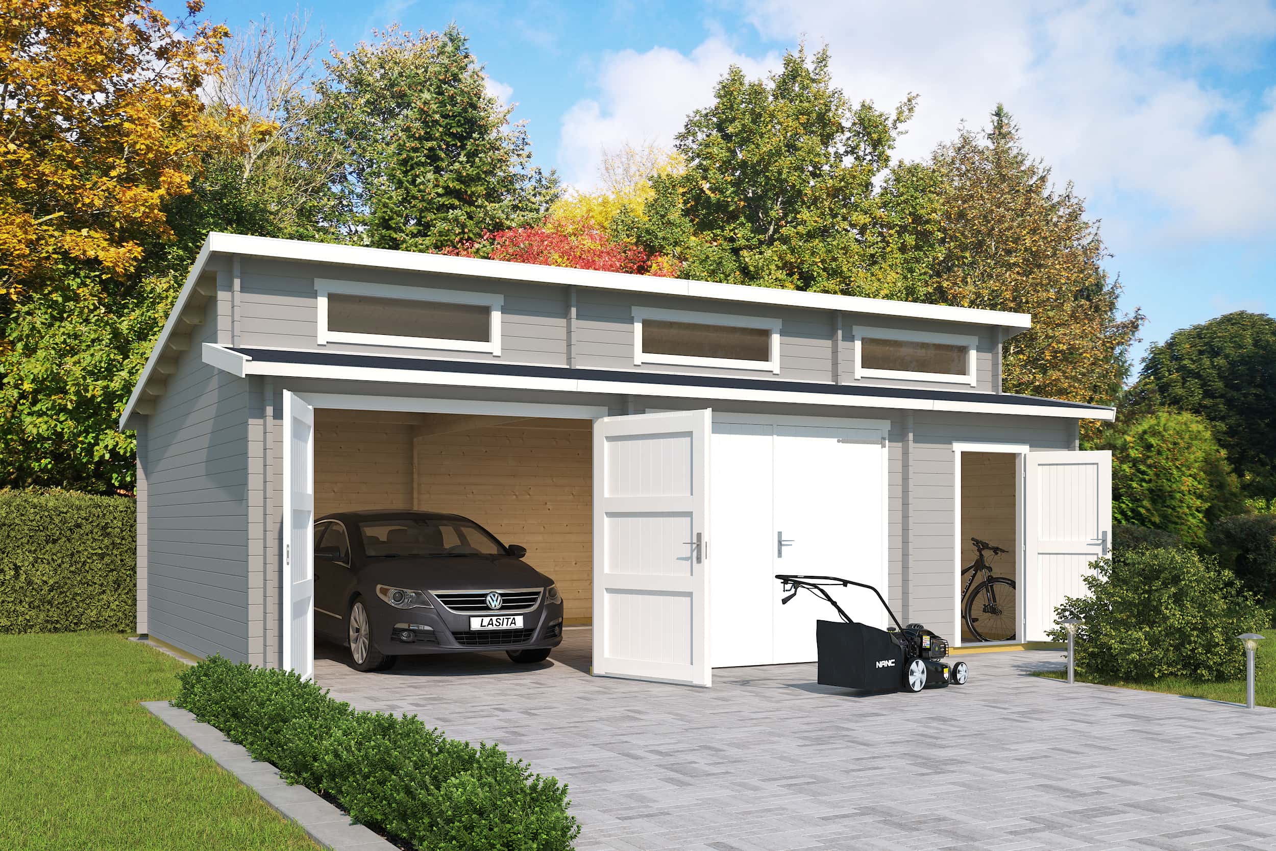 Doppelgarage Outdoor Life Hawaii mit Holztoren, Geräteraum 820 x 579,6 cm carbongrau