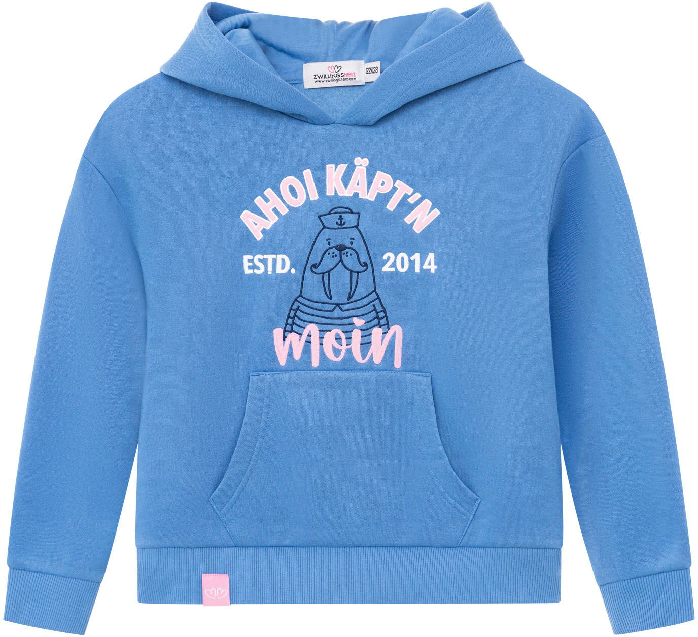 Hoodie ZWILLINGSHERZ "Ahoi Käpt´n", Mädchen, Gr. 110/116, blau (mittelblau), Obermaterial: 80% Polyester, 20% Baumwolle, Sweatshirts Hoodie, Mini-Me,mit süßem Seehund mit Kapitänsmütze und Schriftzug
