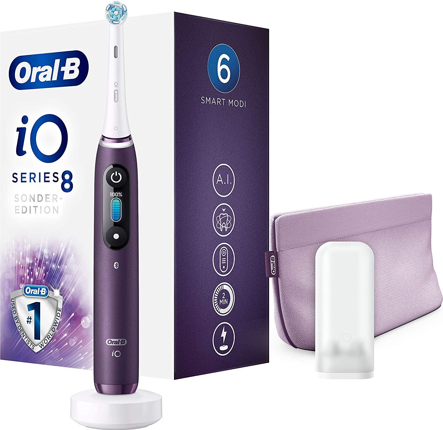Oral-B iO Series 8, Erwachsener, Vibrierende Zahnbürste, Tägliche Pflege, Zahnfleischpflege, Sensibel, Whitening, Violett, Weiß, 2 min, Violett