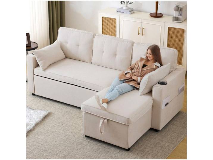 ROVRYN Canapé d'angle convertible 3 places beige méridienne réversible rangement porte-gobelet