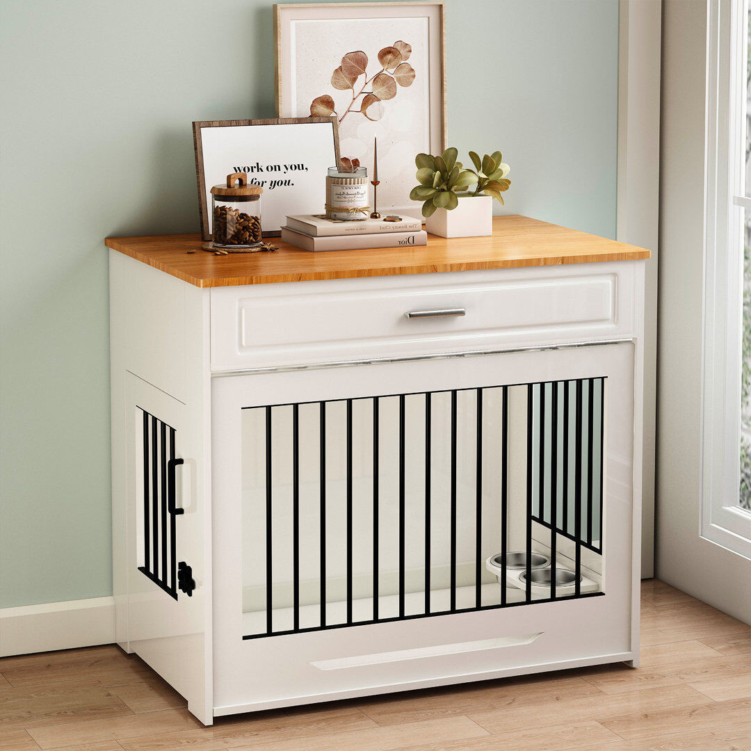 Archie & Oscar Large Dog Crate Furniture with Flip-up Door, Drawer White