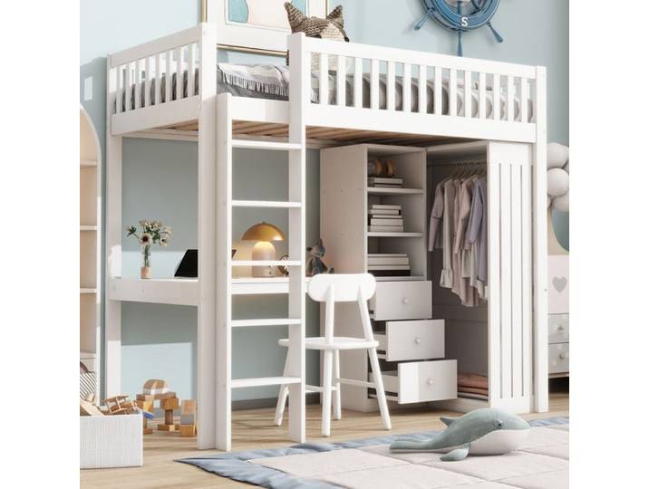 90x200cm Lit Mezzanine Multifonctionnel avec Bureau Armoire Lit Surélevé avec Compartiments de Rangement Tiroirs-sans matelas Blanc