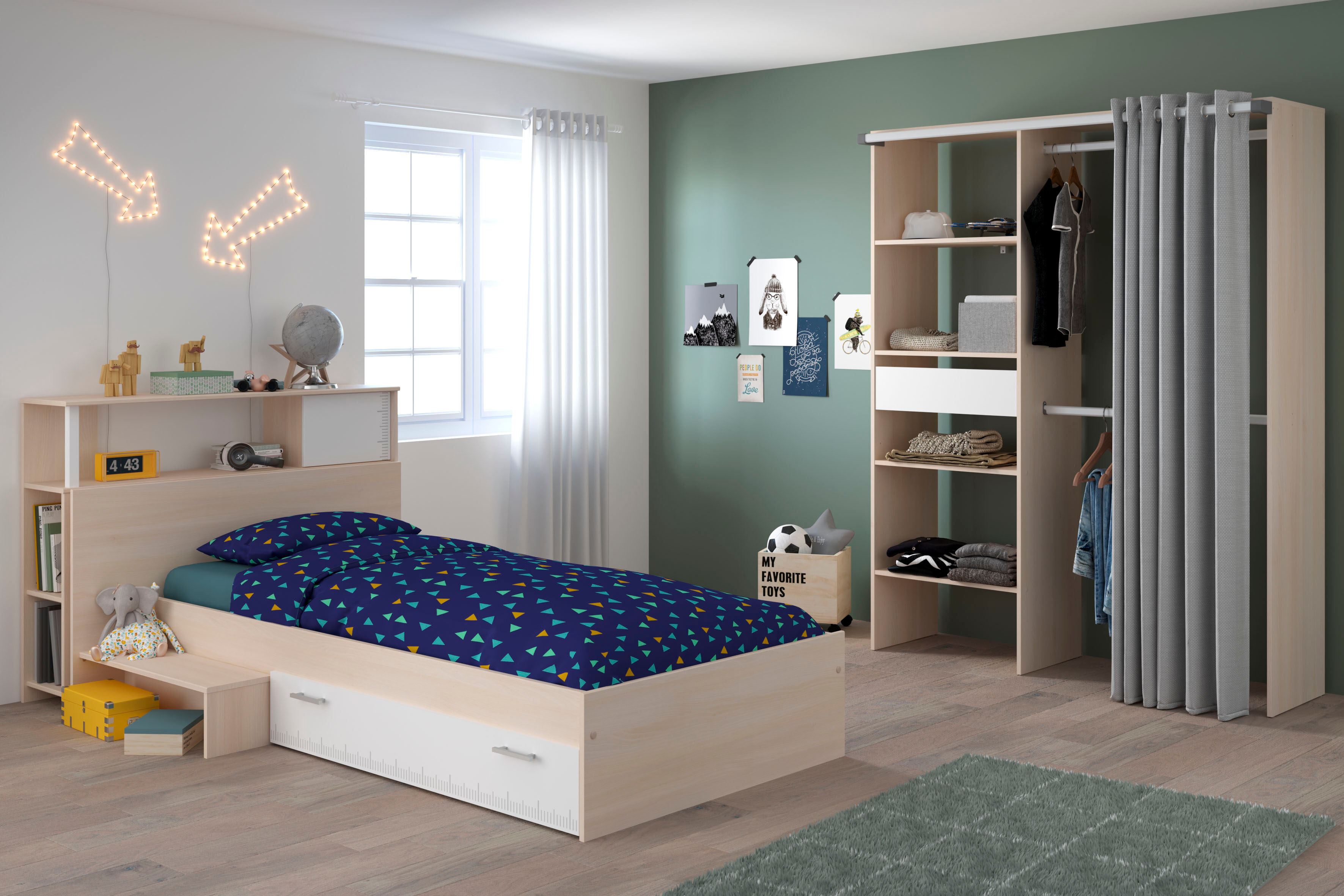 Jugendzimmer-Set PARISOT "Charly 23", beige (natur), ohne Matratze, B/H: 90cm x 200cm, Schlafzimmermöbel-Sets, Jugendzimmer-Set, Seitliches Podest am Bett links oder rechts montierbar natur ohne Matratze, B/H: 90cm x 200cm