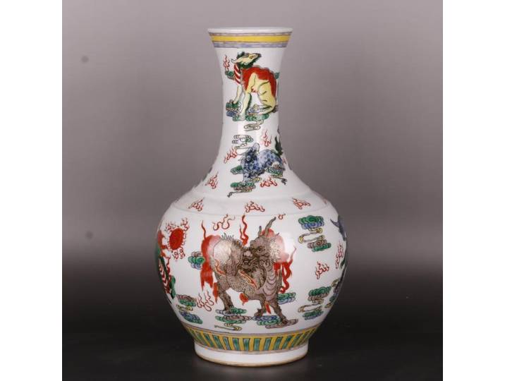Qing Kangxi Vase ornements Famille Rose Lion motif Vase bouteille Antique maison Style chinois salon maison rétro céramique