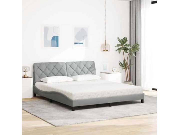 KTHLBRH Doppelbett mit Matratze, hellgrau, 180 x 200 cm Lattenrost inklusive, 22D-Schaumstoff, gepolstertes Kopfteil, 1 Bettgestell, 1 Matratze, 1 Kissen