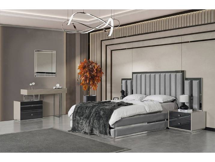 JVmoebel Schlafzimmer-Set Graue Polsterbett Garnitur mit Nachttischen und Schminktisch, (4-tlg), Made in Europa