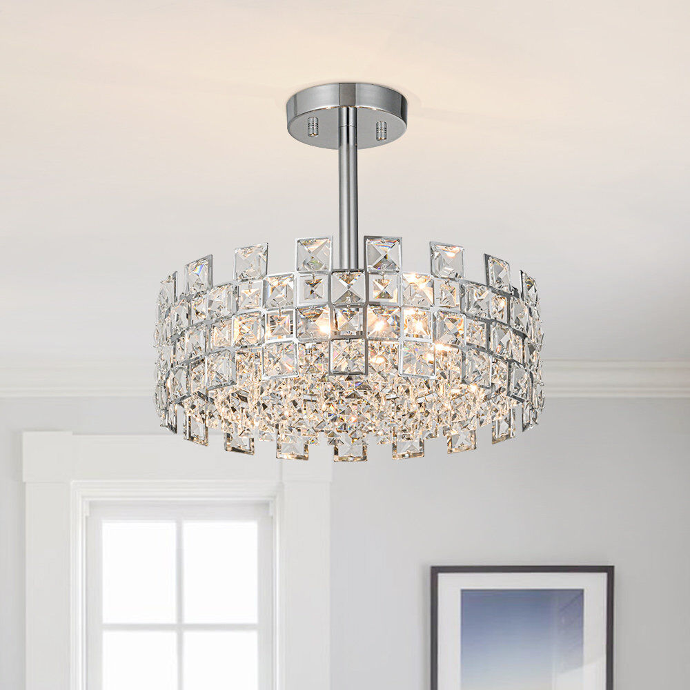 Canora Grey Atticus 4-Light Modern Round Crystal Semi Flush Mount Ceiling Light Chrome 31cm H X 38cm W X 38cm D