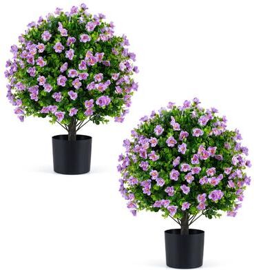 Costway 2 Pack Artificial Eucalyptus Topiary Trees with Flowers and Cement Planter for Home-Purple