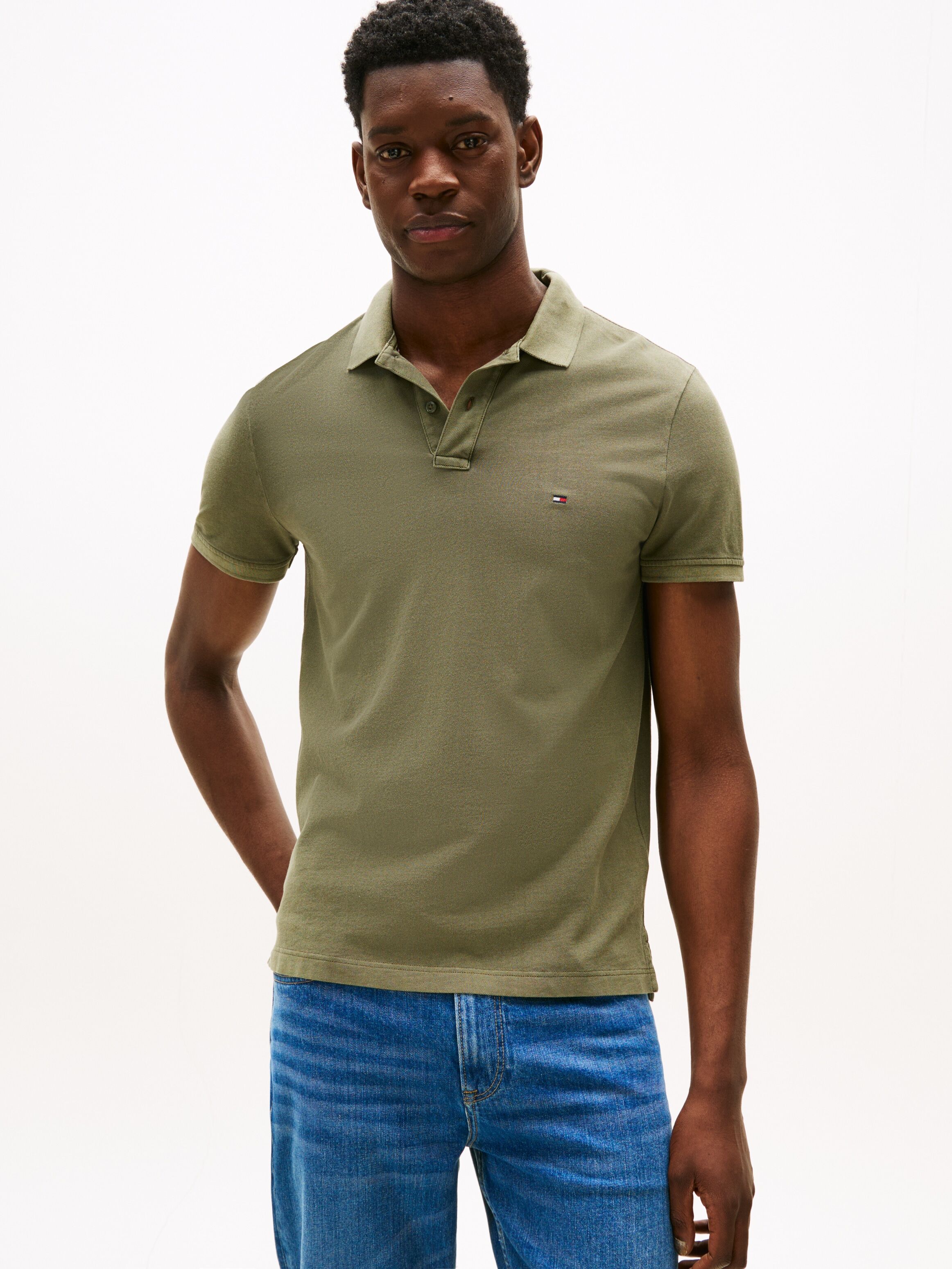 Poloshirt TOMMY HILFIGER "GARMENT DYE REG POLO", Herren, Gr. XL, grün (battle grün), Jersey, Obermaterial: 100% Baumwolle, Shirts Poloshirt, leicht gewaschene Optik