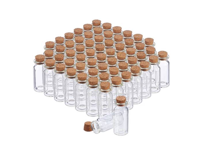 Mini Glasfläschchen mit Korken 60er-Set Braun-Transparent