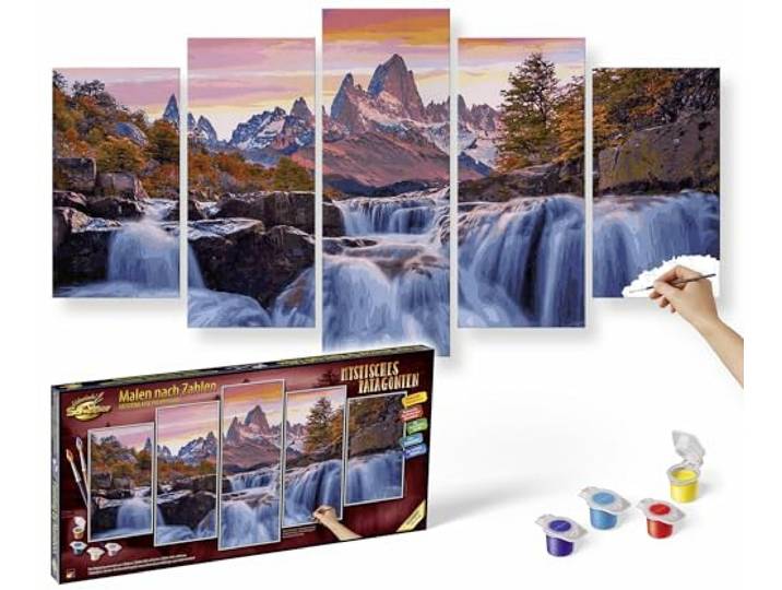 Schipper 609450913 Malen nach Zahlen – Mystisches Patagonien - Bild malen für Erwachsene, inklusive Pinsel und Acrylfarben, 5 Bilder, Meisterklasse Polyptychon - Profi-Edition, 132 x 72 cm