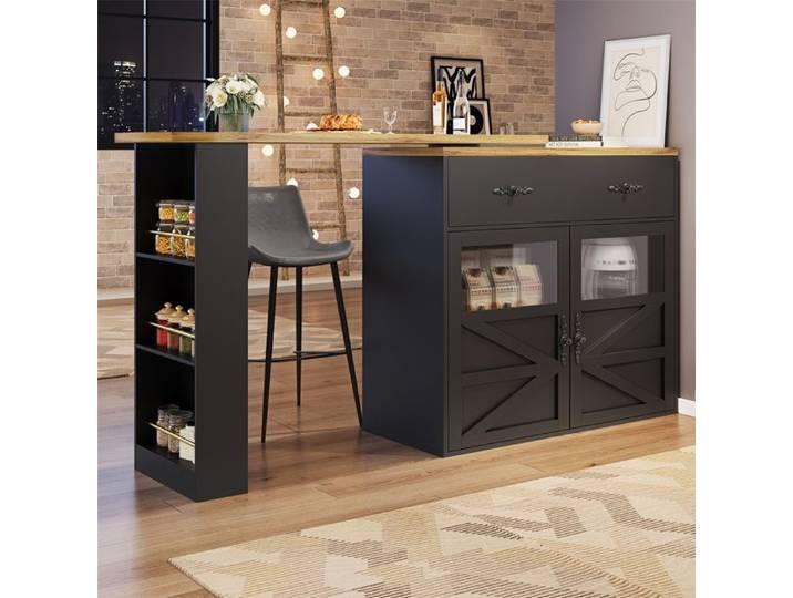 Table de bar extensible 138 cm rotatif 360° Îlot de cuisine mobile avec rangement Table haute bistrot moderne Noir
