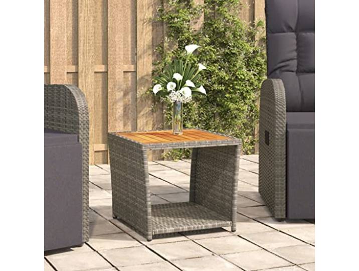 Beistelltisch Poly Rattan Akazienholz, Teetisch mit Stahlrahmen, Garten Massives Akazienholz, witterungsbeständiges PE-Rattan, pulverbeschichteter Stahlrahmen, Montageanleitung enthalten
