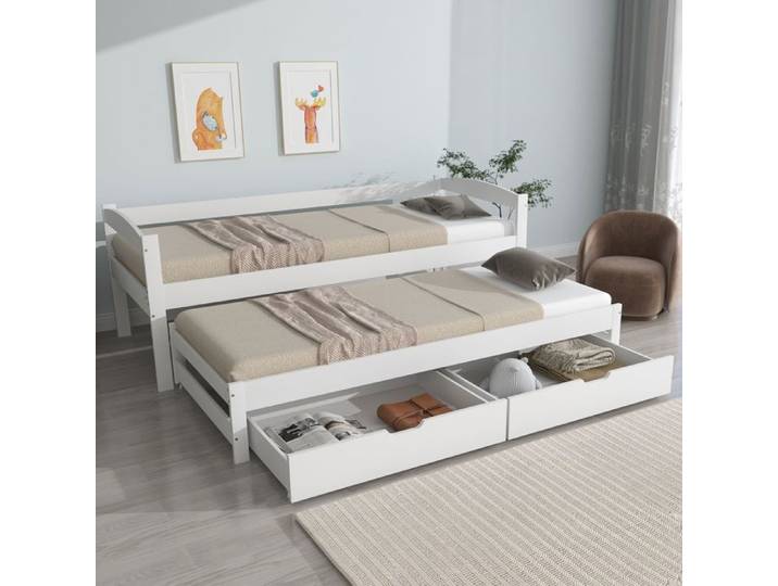Lit gigogne - SOGEU - Lit gigogne avec 2 tiroirs - 90x200 cm - Pin massif - Sommier extensible sur roulettes