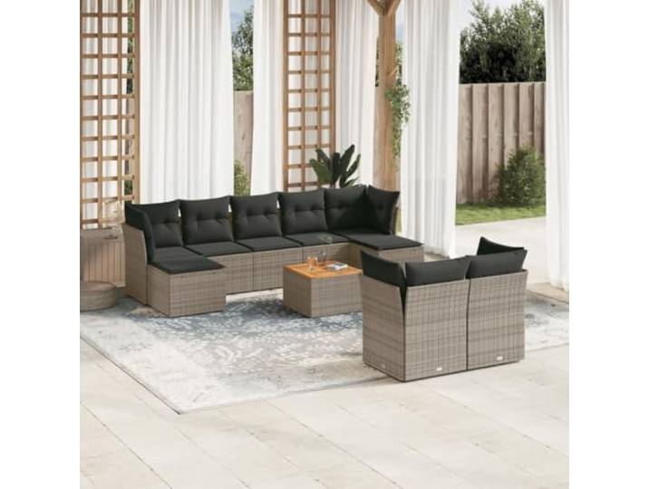 KTHLBRH Gartenmöbel-Set 10-teilig mit grauen Kissen aus Polyrattan Modularer Sitzhocker mit wasserdichter Aufbewahrungsbox, Akazientisch für Terrasse