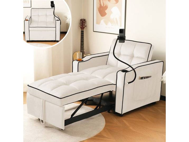 Canapé convertible Fauteuil Lit-Canapé 1 Place porte-boissons et porte-téléphone portable Rangement 83x167x76cm beige