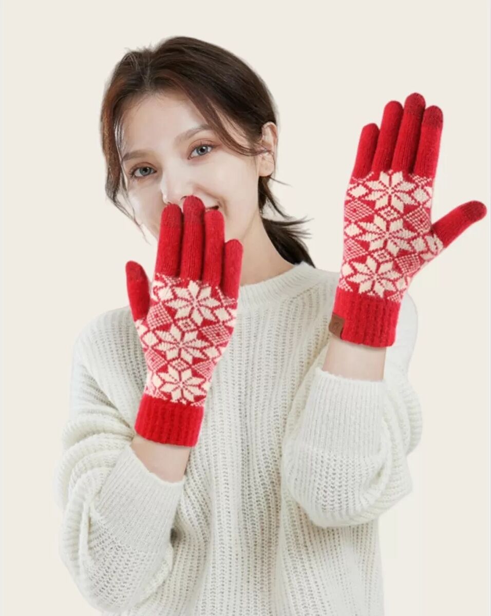 INF Gants de Noël Tricotés Rouges avec Motifs Flocons de Neige - Gants d'Hiver Chaleureux