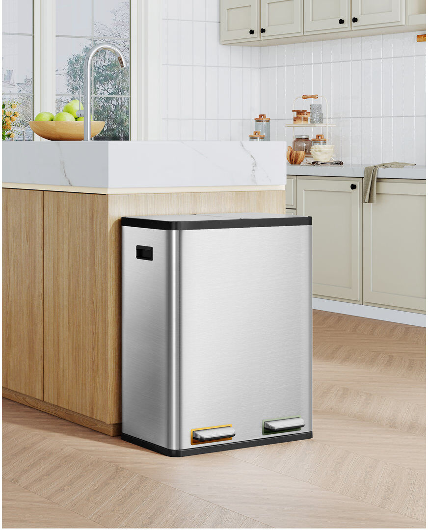 Hzuaneri Kitchen Bin, Recycling Bins, Pedal Bin with Lid, Stainless Steel Kitchen Bins Recycling and Waste, Silent Slow-Down Closing Lid, With 15 Exclusive Tra Stainless Steel 30L